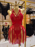 Seksy Red Püsküllü Elbise Set (Tanga Hediyeli )