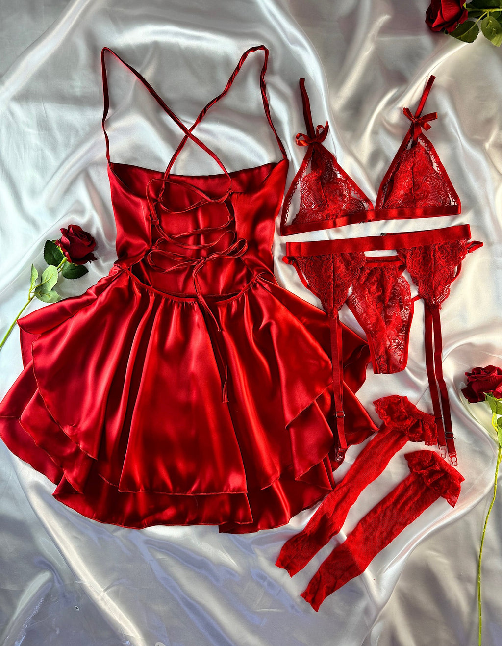 Afrodit Kırmızı Elbiseli  Set (Jartiyer Hediyeli)