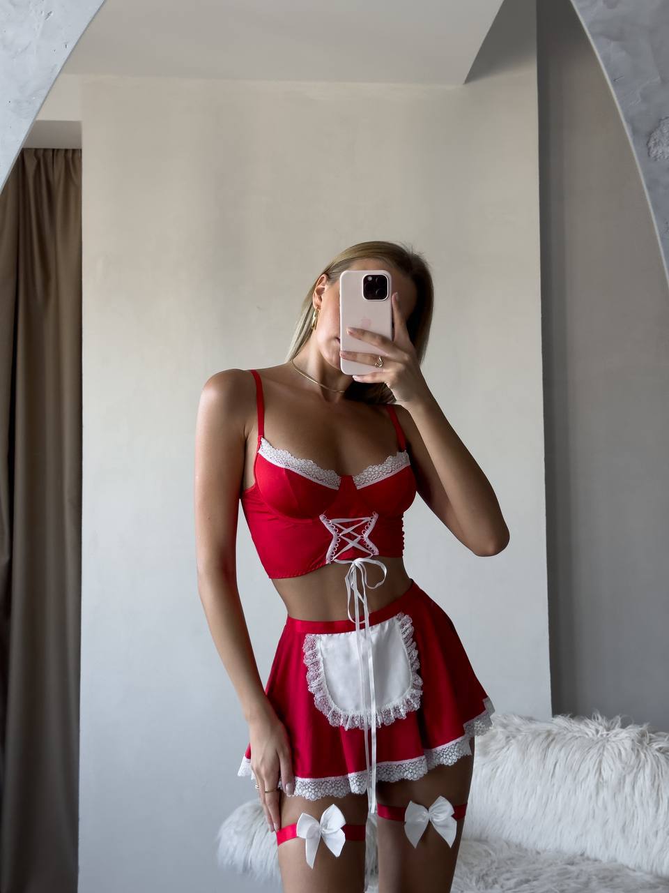 Kırmızı 5 Parça Hizmetçi Kostümü (Bacak Bandı Hediyeli)