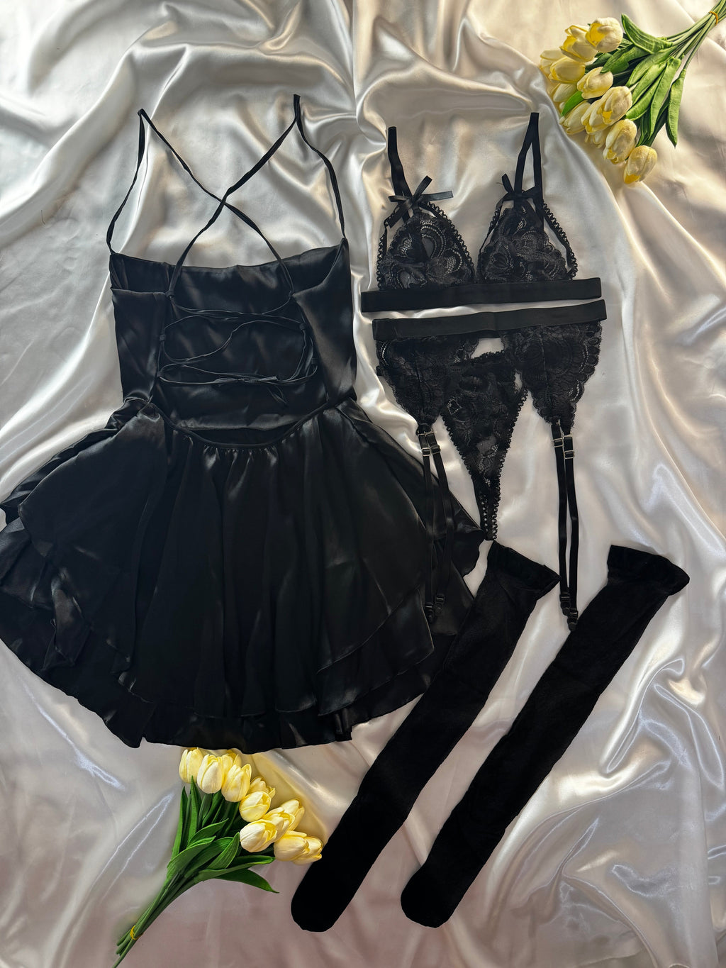 Luna Siyah Elbiseli Set (Jartiyer Hediyeli & Çorap Dahil)