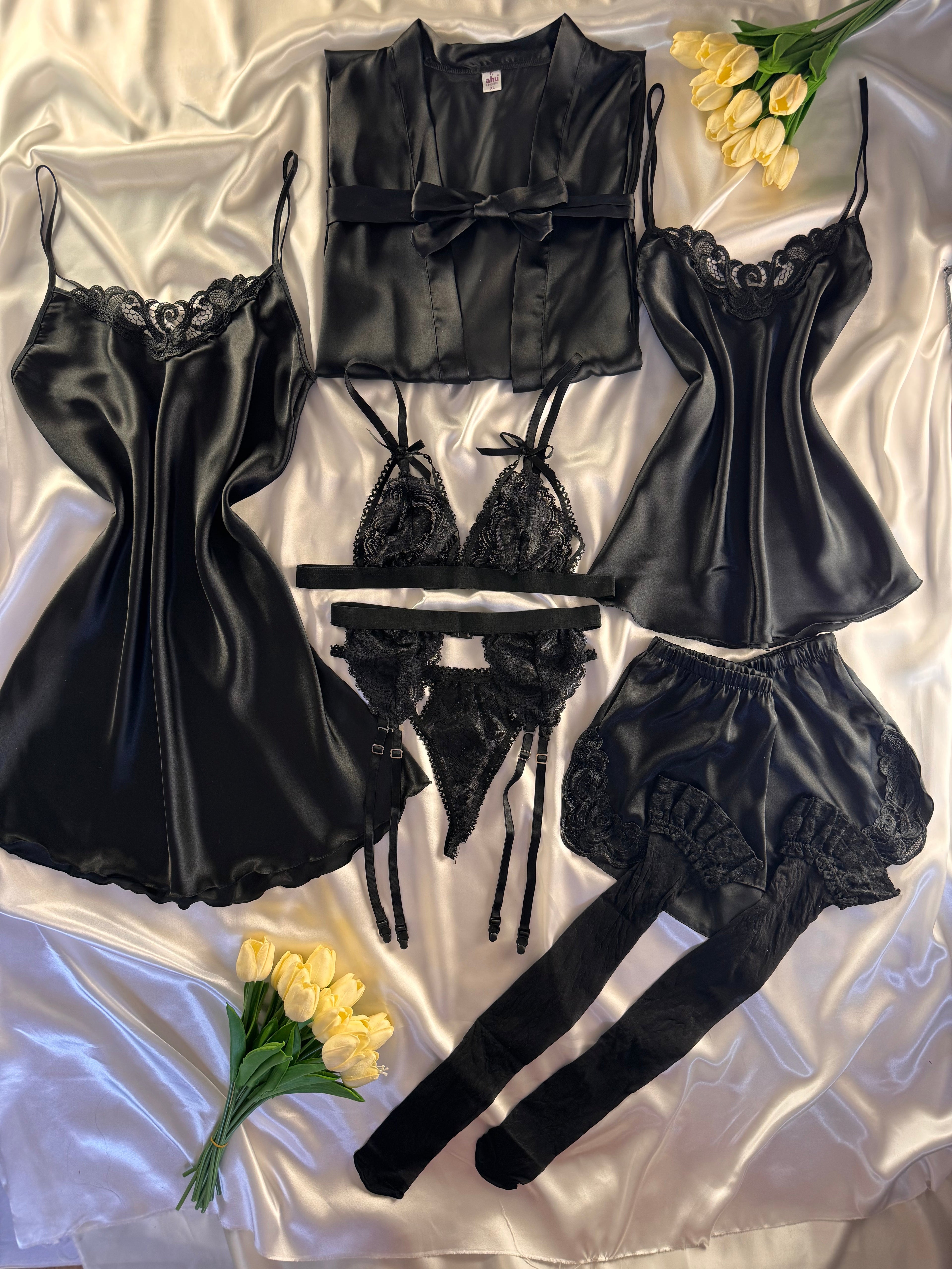 Diana Black 10 Parça İpek Saten Dev Set (Jartiyer Hediyeli)