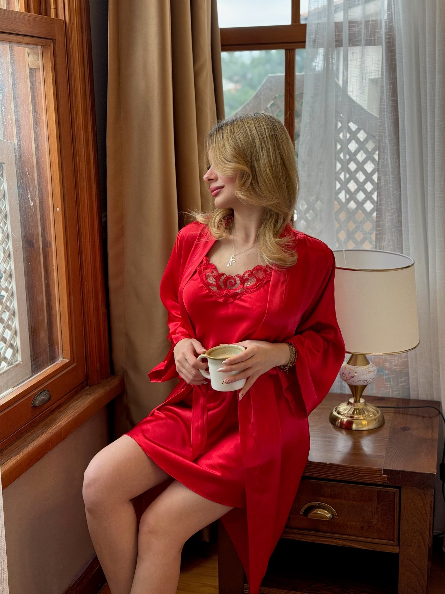 2 Love 7 Parça İpek Saten Kırmızı Kalpli Set( Bralet Hediyeli Lüks Paket)