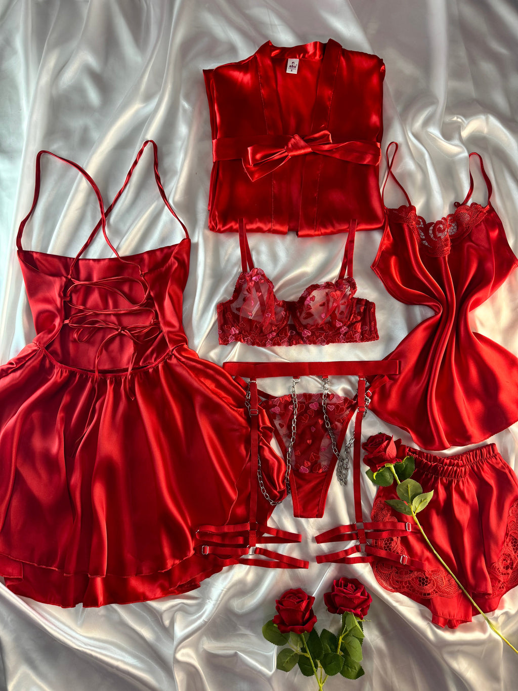 Olga Cherry 8 Parça İpek Saten Set (Jartiyer Hediyeli)