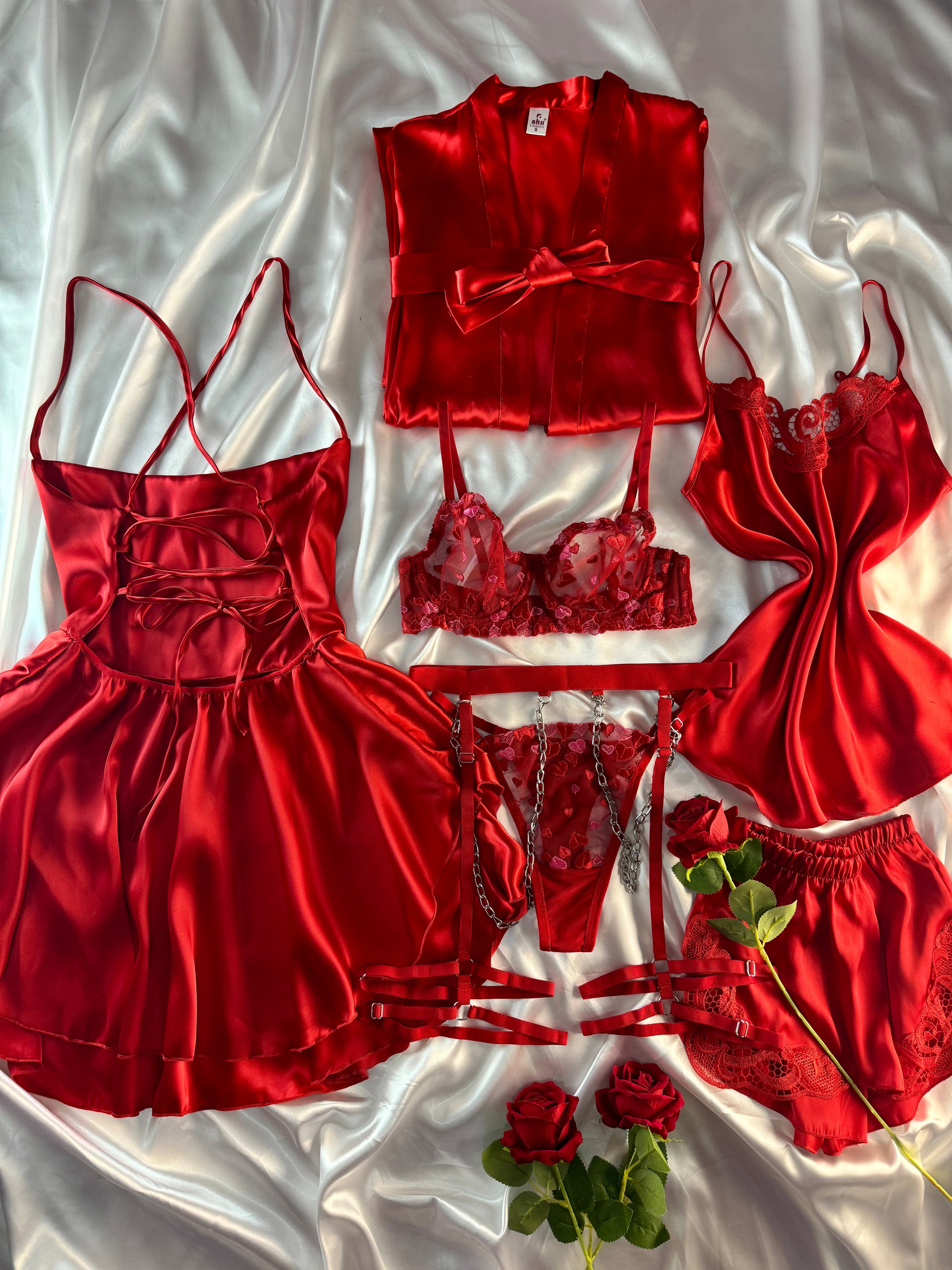 Olga Cherry 8 Parça İpek Saten Set (Jartiyer Hediyeli)