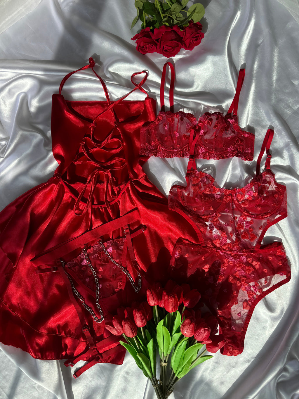 Queen Love 5 Parça İpek Saten Set (Jartiyer Hediyeli )