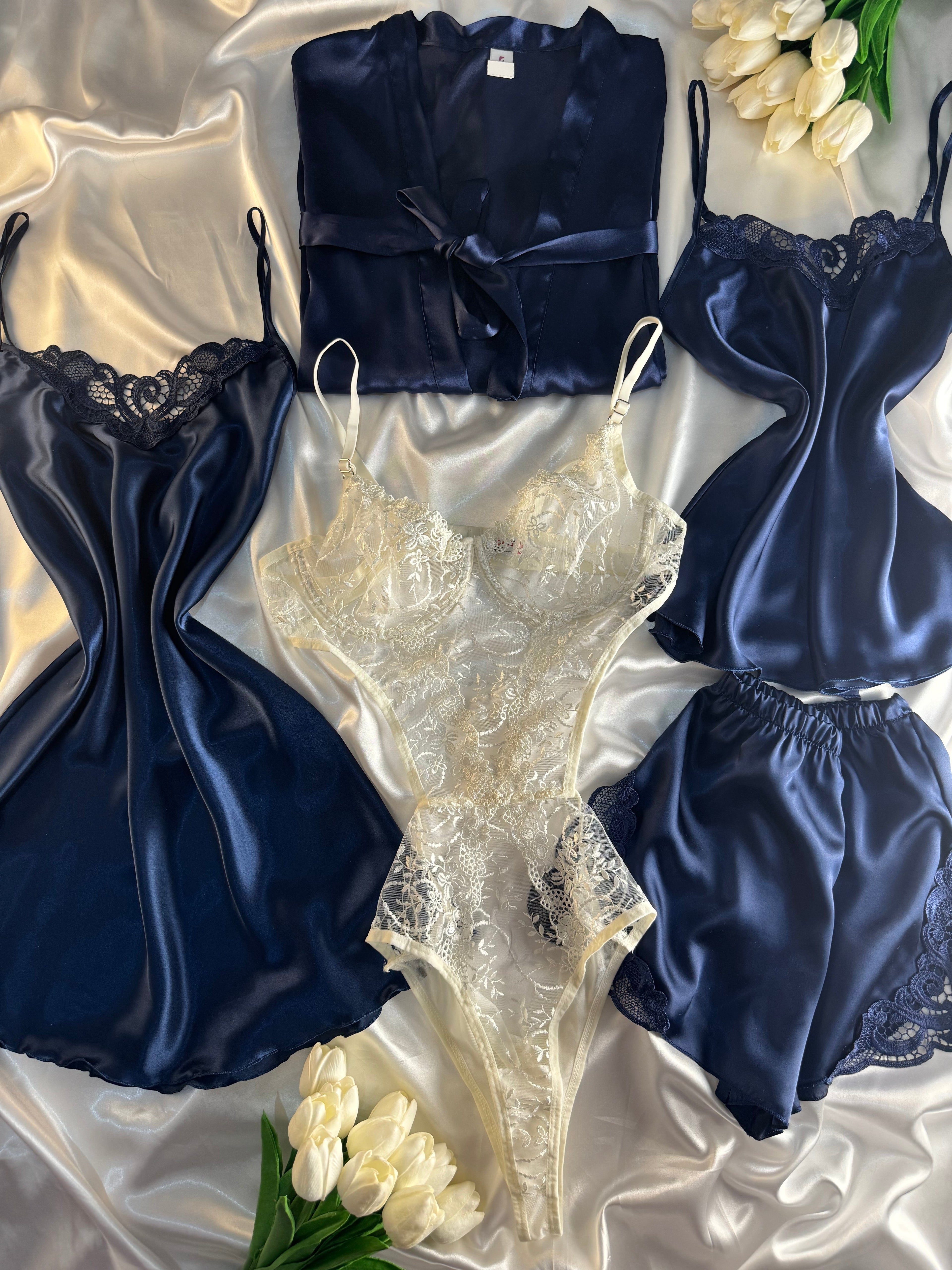 Elysa Floral 6 Parça İpek Saten Set (Bodysuit Hediyeli )